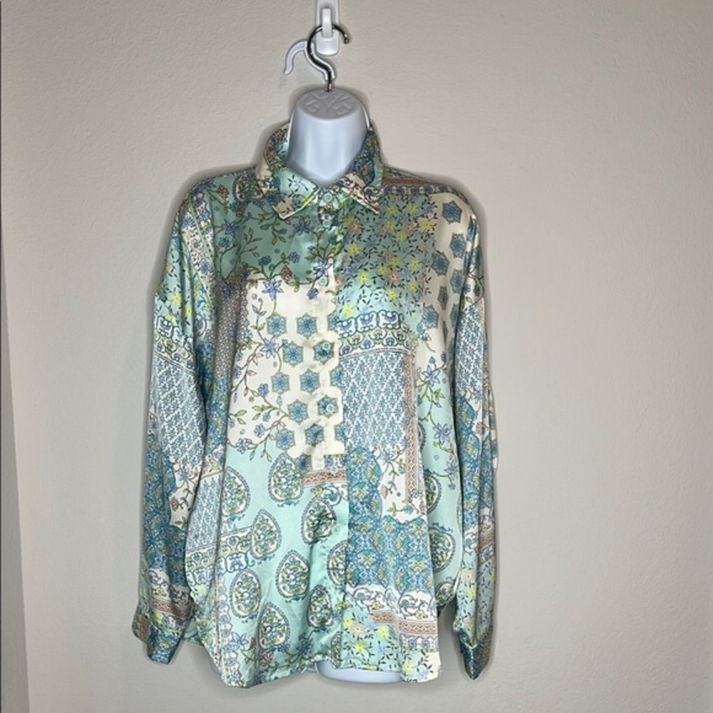Green and Blue Oversized Button Down Blouse